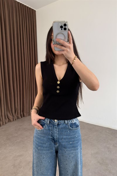 Hm Orijinal V Yakalı Gold Düğmeli Kaşkorse Siyah Bluz