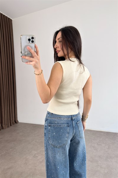 Hm Orijinal V Yakalı Gold Düğmeli Kaşkorse Ekru Bluz