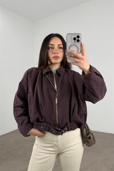 İçi Kürklü Kemerli Kahverengi Denim Mont