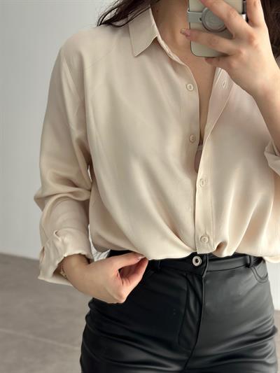 İpek Saten Dökümlü Şampanya Gömlek