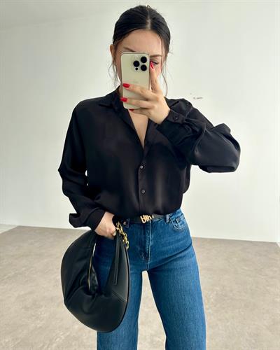 İpek Saten Dökümlü Siyah Gömlek