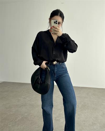 İpek Saten Dökümlü Siyah Gömlek