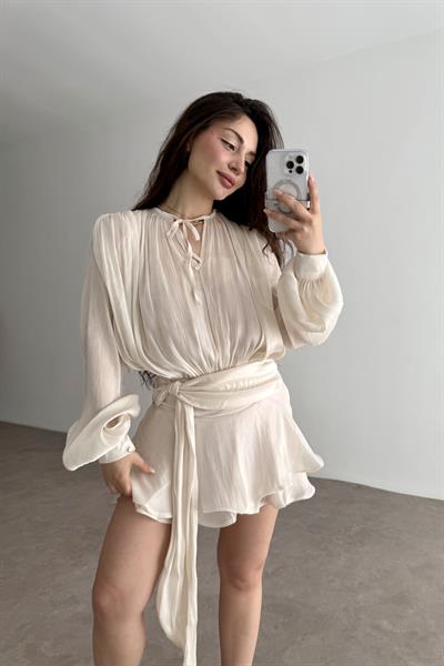 Işıltılı İpek Saten Drepeli Elbise 