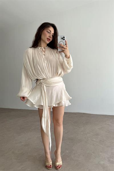 Işıltılı İpek Saten Drepeli Elbise 