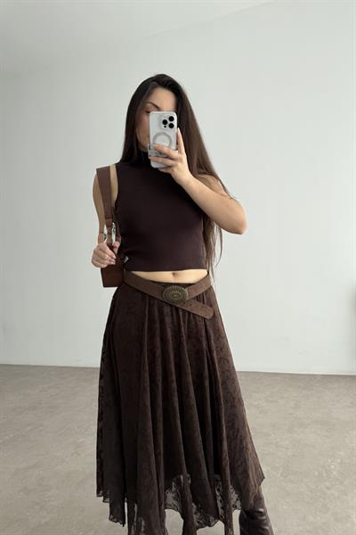 Kadife Çiçek Desenli Astarlı Şifon Kahve Etek