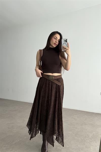 Kadife Çiçek Desenli Astarlı Şifon Kahve Etek