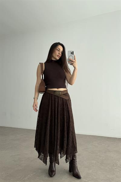 Kadife Çiçek Desenli Astarlı Şifon Kahve Etek