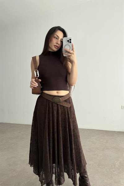 Kadife Çiçek Desenli Astarlı Şifon Kahve Etek