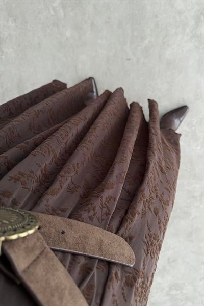 Kadife Çiçek Desenli Astarlı Şifon Kahve Etek