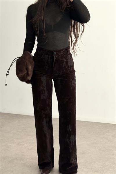 Kadife Deseli Kahve Yüksek Belli Pantolon