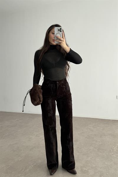 Kadife Deseli Kahve Yüksek Belli Pantolon