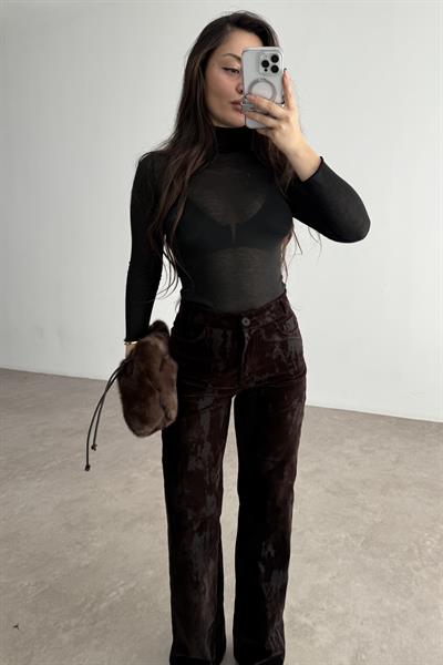 Kadife Deseli Kahve Yüksek Belli Pantolon