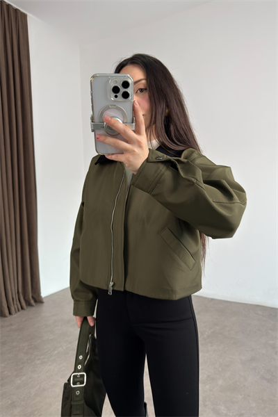 Kadife Yakalı Kısa Bondit Haki Ceket