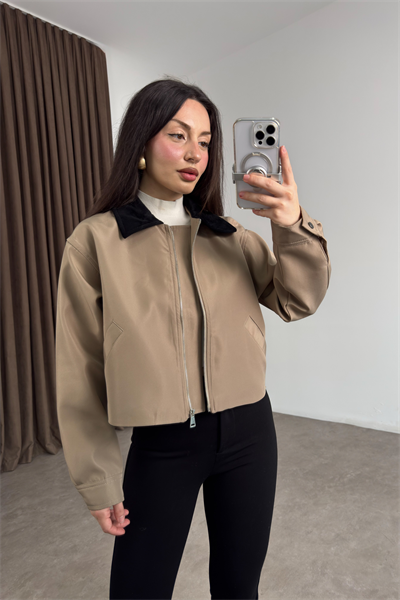 Kadife Yakalı Kısa Bondit Vizon Ceket