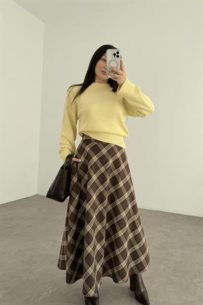 Kahve Bej Ekoseli Uzun Etek