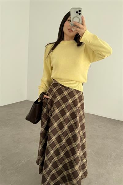 Kahve Bej Ekoseli Uzun Etek