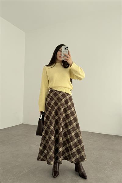 Kahve Bej Ekoseli Uzun Etek