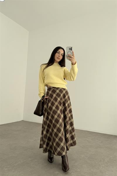 Kahve Bej Ekoseli Uzun Etek