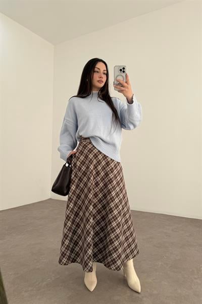 Kahve Ekru Ekoseli Uzun Etek