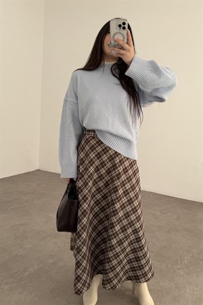 Kahve Ekru Ekoseli Uzun Etek