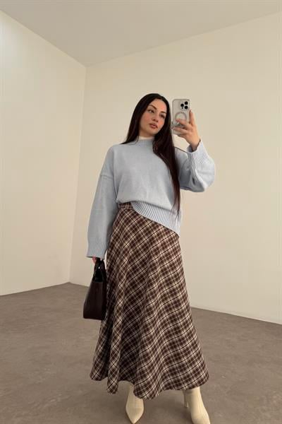 Kahve Ekru Ekoseli Uzun Etek