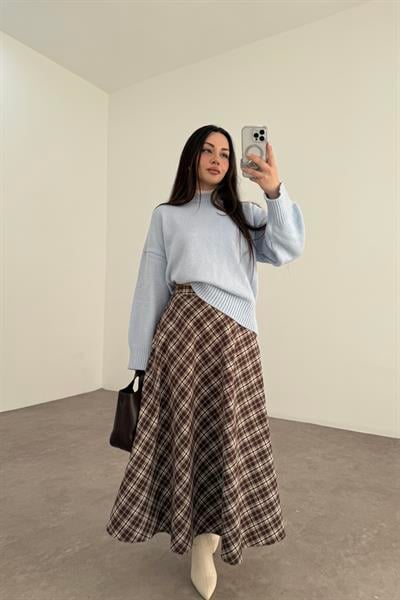 Kahve Ekru Ekoseli Uzun Etek