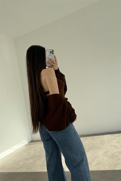 Kahve Halter Kesim Bluzlu Bolerolu Takım Üst