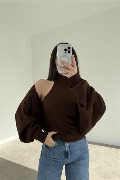 Kahve Halter Kesim Bluzlu Bolerolu Takım Üst