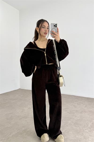 Kahve Kadife Büstiyerli Ceket Eşofman Takım