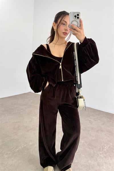 Kahve Kadife Büstiyerli Ceket Eşofman Takım