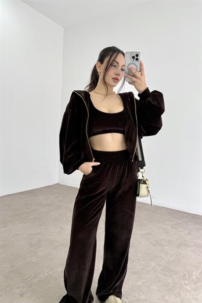 Kahve Kadife Büstiyerli Ceket Eşofman Takım