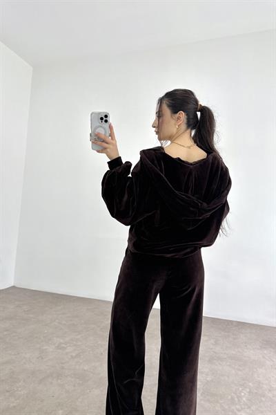 Kahve Kadife Büstiyerli Ceket Eşofman Takım