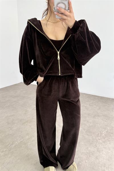 Kahve Kadife Büstiyerli Ceket Eşofman Takım