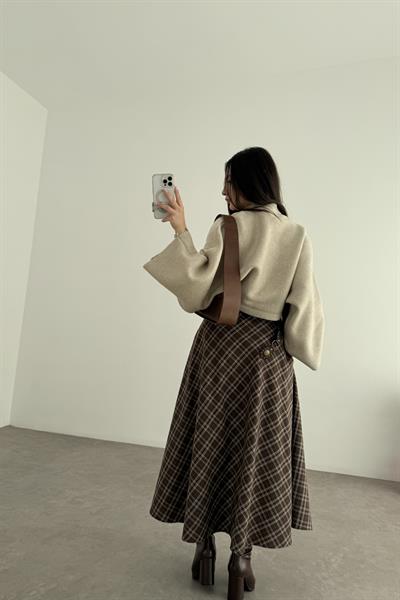 Kahve Tonlu Ekoseli Uzun Etek