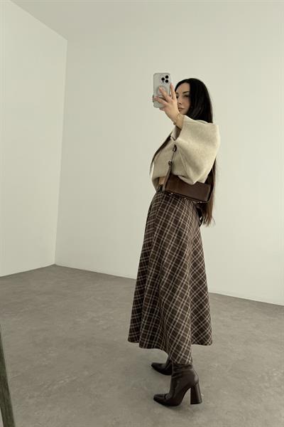 Kahve Tonlu Ekoseli Uzun Etek