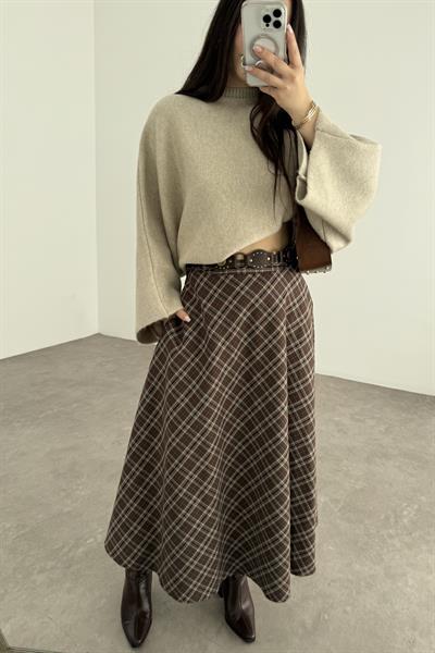 Kahve Tonlu Ekoseli Uzun Etek
