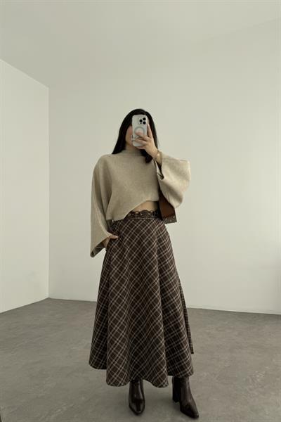 Kahve Tonlu Ekoseli Uzun Etek