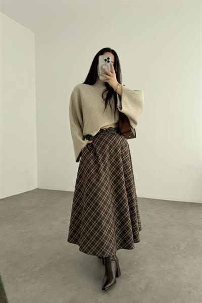 Kahve Tonlu Ekoseli Uzun Etek