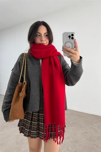 Kalın Yün Karışımlı Kırmızı Atkı