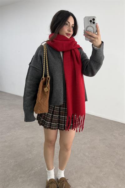 Kalın Yün Karışımlı Kırmızı Atkı