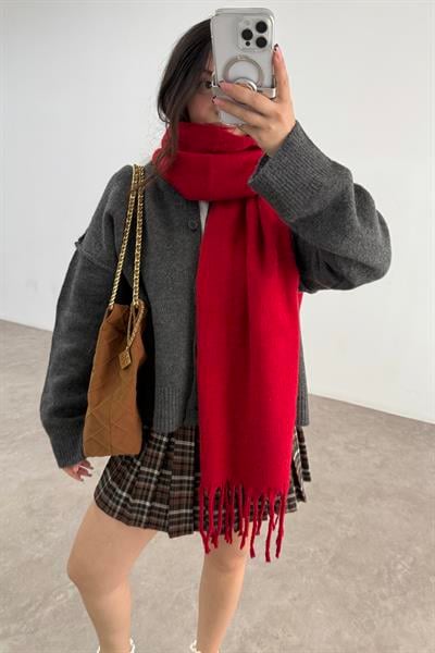 Kalın Yün Karışımlı Kırmızı Atkı