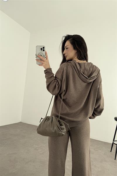 Kapüşonlu Premium Triko Çift Fermuarlı Kahve Takım