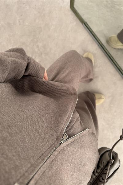 Kapüşonlu Premium Triko Çift Fermuarlı Kahve Takım