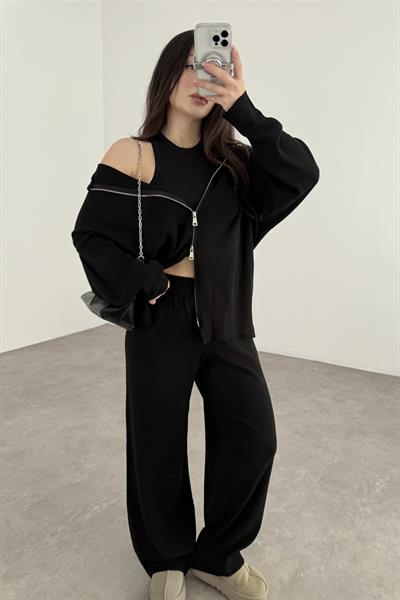 Kapüşonlu Premium Triko Çift Fermuarlı Siyah Takım