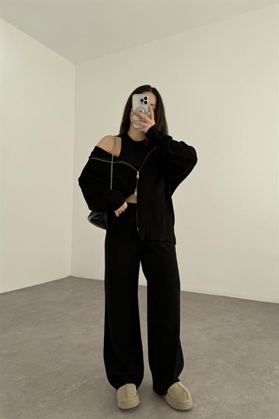 Kapüşonlu Premium Triko Çift Fermuarlı Siyah Takım