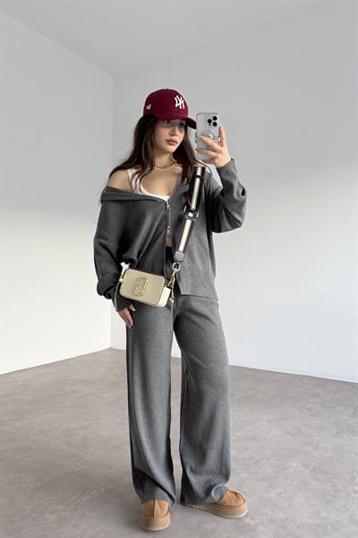 Kapüşonlu Premium Triko Çift Fermuarlı Antrasit Takım