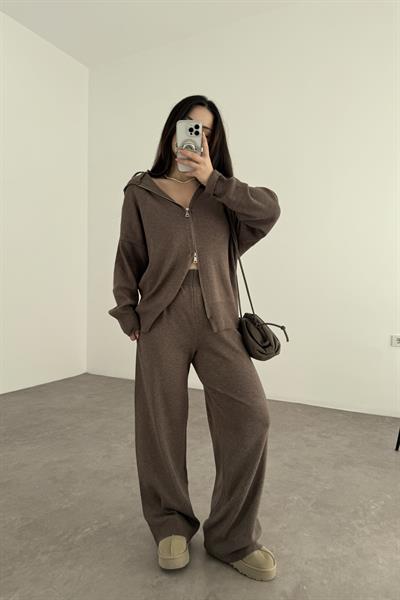 Kapüşonlu Premium Triko Çift Fermuarlı Kahve Takım