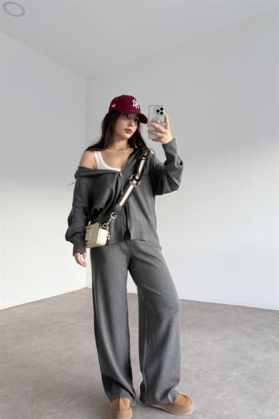 Kapüşonlu Premium Triko Çift Fermuarlı Antrasit Takım