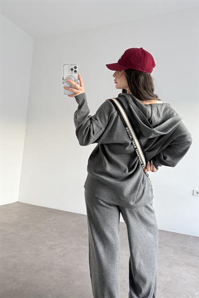 Kapüşonlu Premium Triko Çift Fermuarlı Antrasit Takım