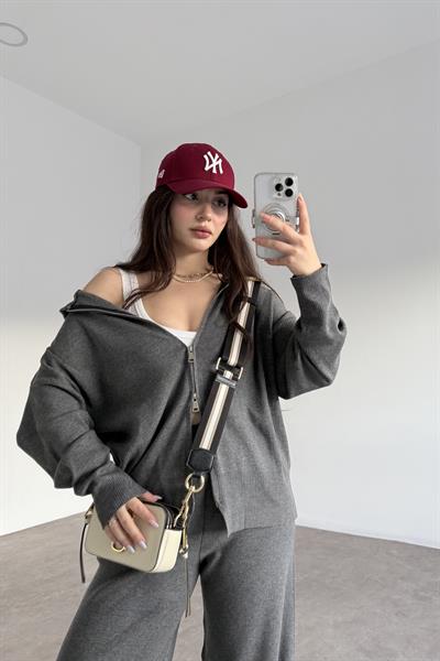 Kapüşonlu Premium Triko Çift Fermuarlı Antrasit Takım